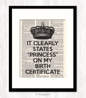 ... Birth Certificate CROWN funny quote Typography Typographic Funny Quote