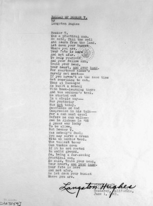 Draft of Langston Hughes's poem about Booker T. Washington