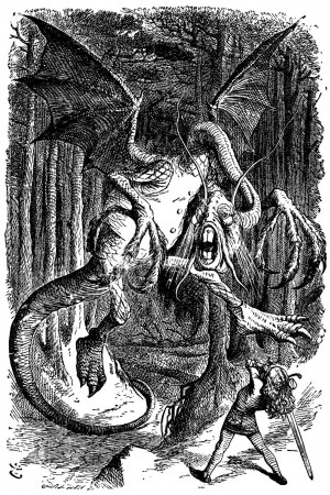 An illustration of the Jabberwocky and Alice.