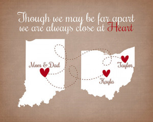 Far Apart Quote - Custom Family Gift Personalized Maps, Hearts, Quote ...