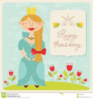 Cute birthday card with little princess. Vector illustration.
