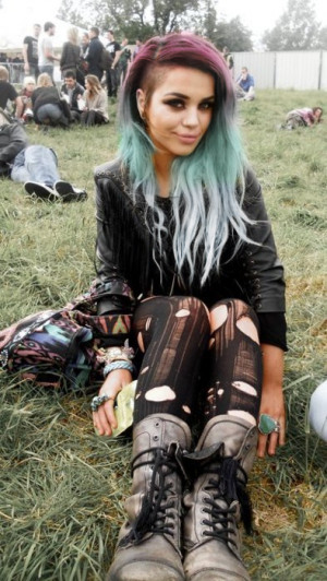 ... emo grass ripped tights army boots black tights Pink and blue hair