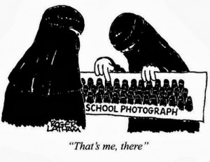 Funny Muslim cartoon - Burka women school reunion photo - That's me ...