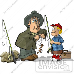 Royalty-free clipart of a grandfather man in green, helping to hook a ...