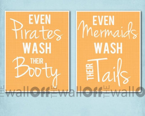 Pirate Mermaid Bathroom Art Prints - Set of 2 8x10 - 