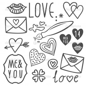 Simple hand drawn gray love doodles isolated on white background ...