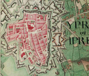 Plan des fortifications d'Ypres sur la carte Ferraris, vers 1775.