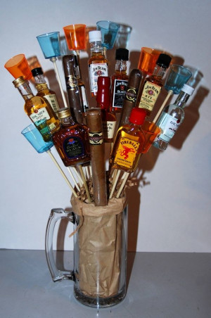 Man bouquet complete with mini booze bottles, shot glasses and cigars ...