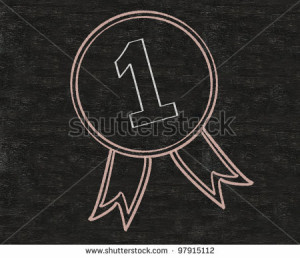 Award ribbon ten place with red ribbon written on blackboard ...