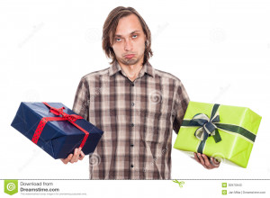 Indecisive Man Holding Two Gift Boxes Isolated White Background