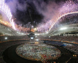 Fireworks explodes during the opening ceremony of the Athens 2004 ...