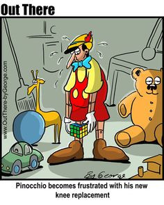Pinocchio becomes frustrated with his new knee replacement More