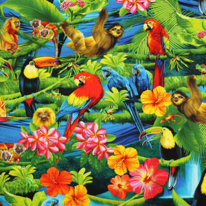 Timeless Treasures Tropical Rainforest Parrots Macaws Monkeys Cotton ...