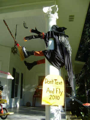 Don't text and fly (image of witch hitting post