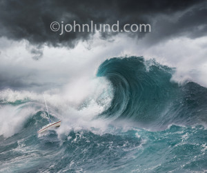 Sailboat Sailing Into A Perfect Wave, Tidal Wave or Tsunami In Stormy ...