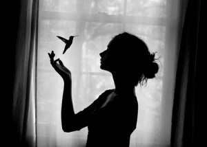 bird, black and white, girl, photography, pretty, shadow