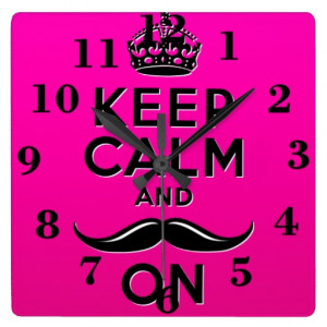 Funny girly pink Keep Calm and Mustache On Square Wall Clock
