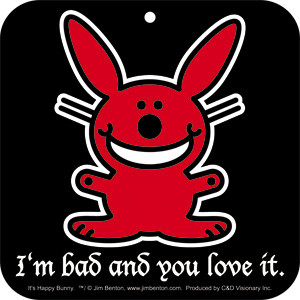 This air freshener features a red Happy Bunny on a black background ...