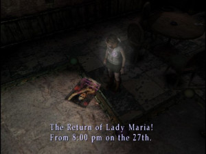 On the stage near the green door is a poster of Maria from Silent Hill ...