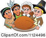 Cartoon Of Happy Pilgrims And Indians Holding A Thanksgiving Roasted ...