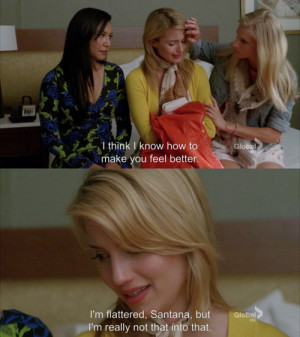 Glee. Top: Santana, Quinn and Brittany sitting on a hotel bed. Quinn ...
