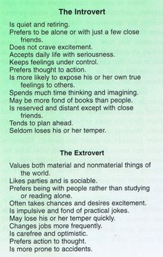Introverts vs. Extroverts. For me, it's introvert all the way! More