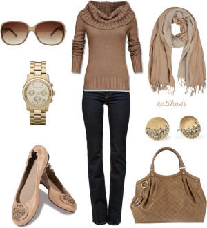 Tan Fall / Winter Outfit. Turtleneck Sweater, Scarf, Flats, Purse ...