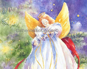 ... , Christmas Angel, watercolor image, red, white, green,yellow, purple