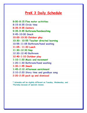 Sample Pre K Daily Schedule