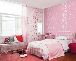Kids room cute pink dotty wallpaper girls bedroom home design Kids ...