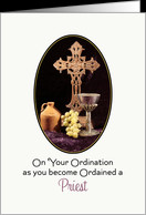 For Priest Ordination Greeting Card-Cross, Jug, Chalice & Grapes card ...