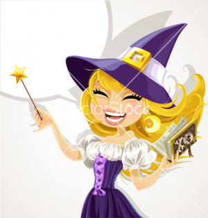Cute young witch with magick wand and book vector