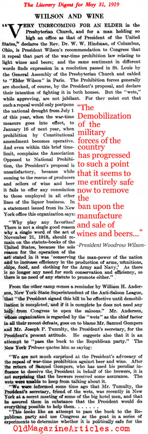 Woodrow Wilson and the Repeal of Prohibition (Literary Digest, 1919)