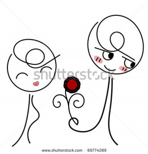 Illustration of one shy boy giving a red flower to his girl