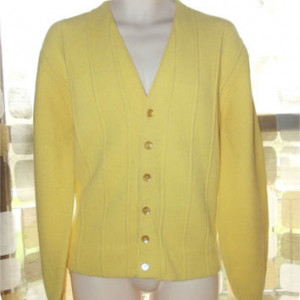 ... Yellow V neck Button Down Cardigan Sweater Rockabilly Rat Pack L Large