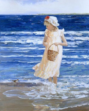 Seaside Watercolor painting girl beachcombing