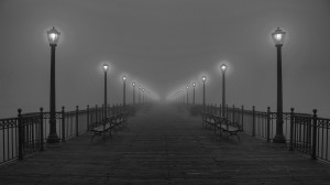 Black And Wallpaper 2560x1440 Black, And, White, Fog, Pier, Lamps
