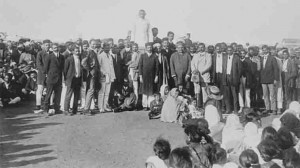 Gandhi in Durban, 1914, inciting the burning of identity passes