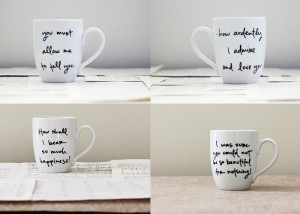White ceramic mugs with handwritten quotes from Jane Austen novels ...