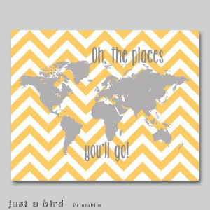 Oh the places you'll go Dr Seuss quote, yellow grey nursery decor ...