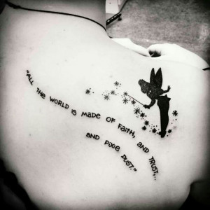 Tinkerbell And Wording Tattoos For Back Shoulder