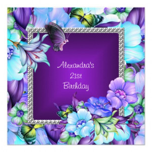 Elegant Purple Silver Jewel Flowers 21st Birthday Custom Invitations ...
