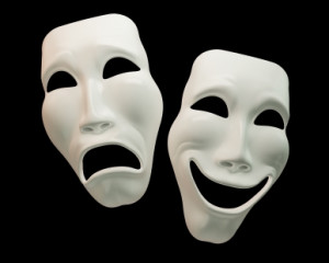 ... and tragedy masks were worn in ancient Greek theatre around 500-300BC