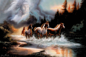 Horses Running in a River with a Native American Spirit Art Print ...