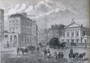 Black-and-white engraving showing London buildings in the background ...