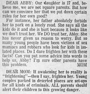 1960: Dear Abby News Flash: Parents Don’t Want Daughter Parking