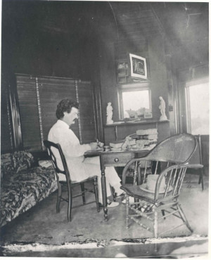 Mark Twain circa 1880 writing at Quarry Farm in Elmira, NY. Source ...