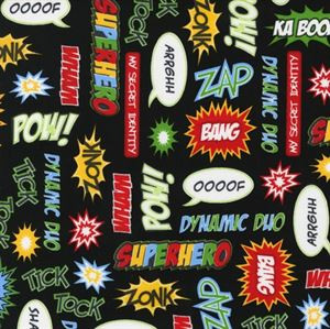 Home / Fabrics by Colour / Grey and Black / Superhero Exclamations