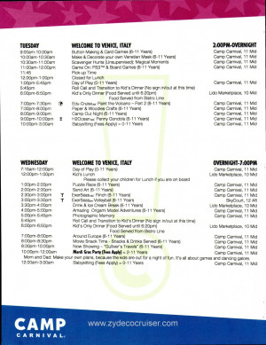 Carnival Magic Camp Activities Schedule