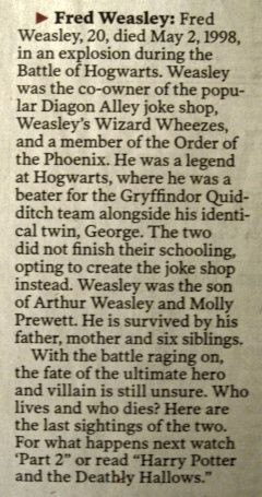 Battle of Hogwarts obituaries; Fred Weasley yer-a-wizard-harry